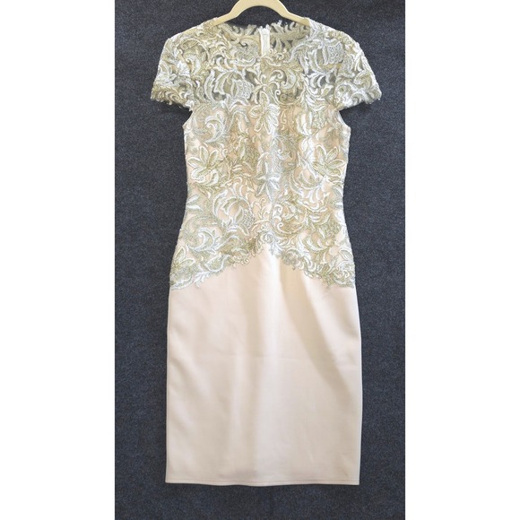 Tadashi Shoji Dresses & Skirts - Tadashi Shoji Glam Lace Embroidered Cocktail Dress 6 Champagne Gold Silver Luxe